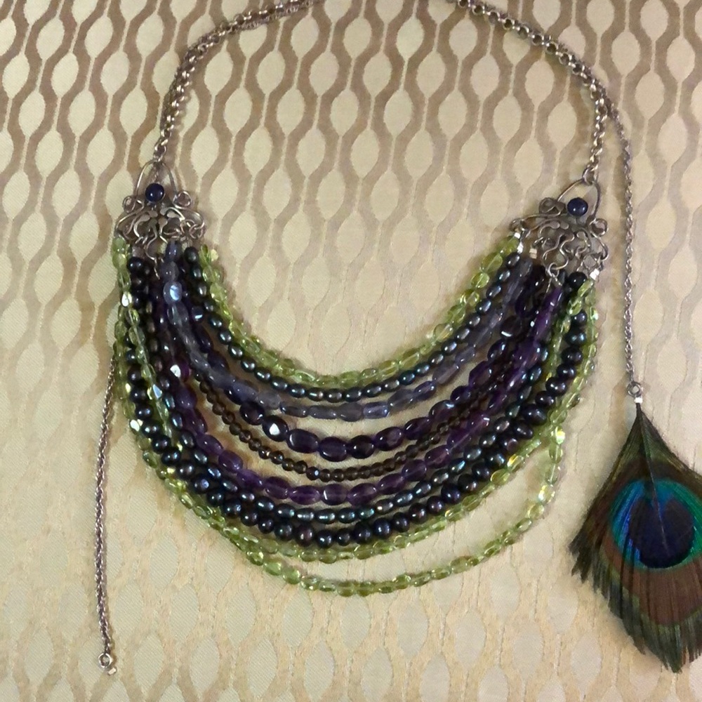 Hand beaded  collar necklace w/peacock feather.